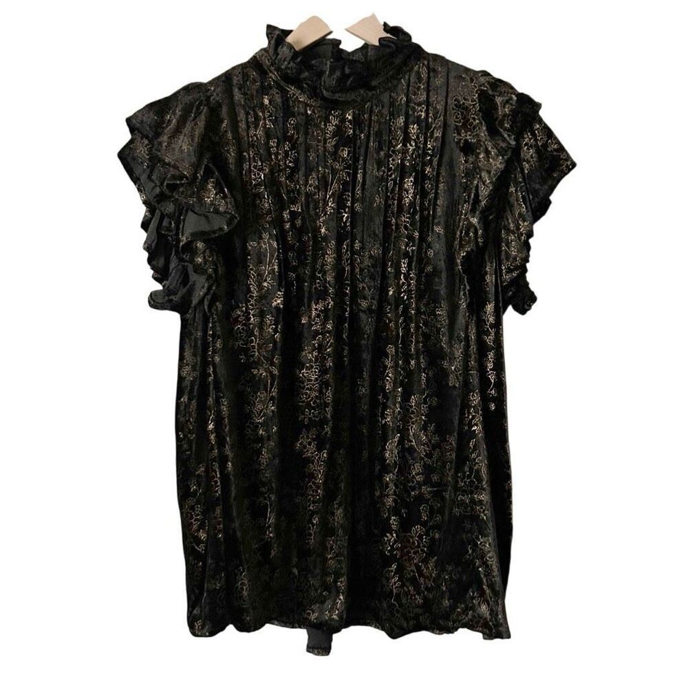 Victoria Dunn Black Cotton Velvet Ruffled Sleeveless Blouse Size Medium